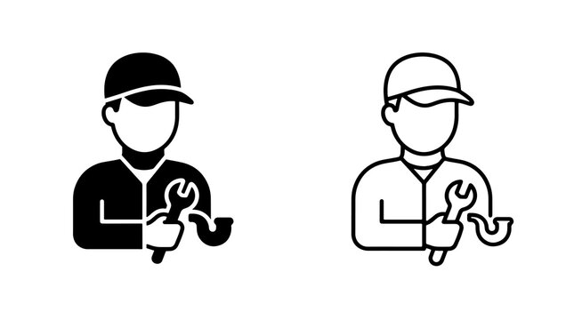 Minimalist plumber vector icons featuring solid and outline styles with wrench