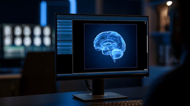 Computer monitor displaying 3D brain scan in dark radiology room
