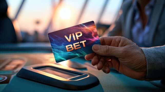 A hand holding a VIP betting card over a reader pad, symbolizing secure payment and exclusive access in a gaming or casino environment.