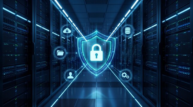 Advanced network security system with a glowing padlock shield and cyber connection nodes in a server room
