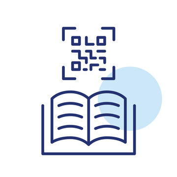 Scan pages, digital reader, remote publication. Open book and scan qr code. Pixel perfect, editable stroke vector icon