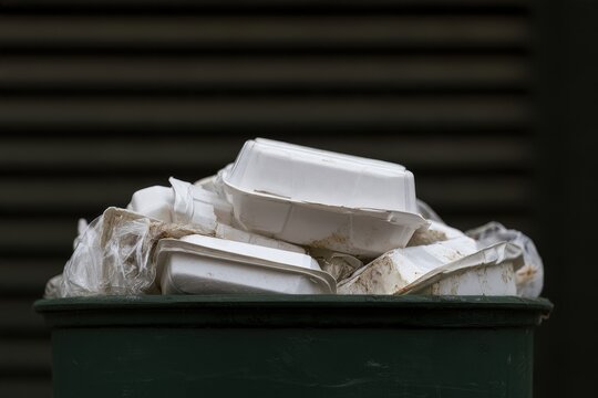 A pile of discarded styrofoam takeout containers piled high in a waste bin.
