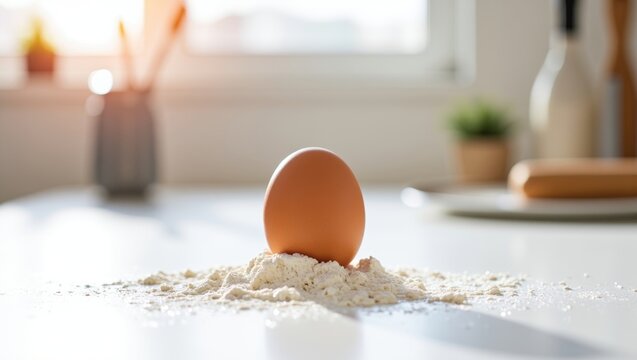 Brown egg standing on a pile of white flour on a clean kitchen counter, bathed in bright morning sunlight