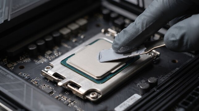 Technician spreading thermal paste on a computer processor with a spatula