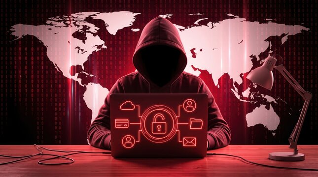 Anonymous hacker in hoodie typing on laptop with digital security icons and world map background during dark night