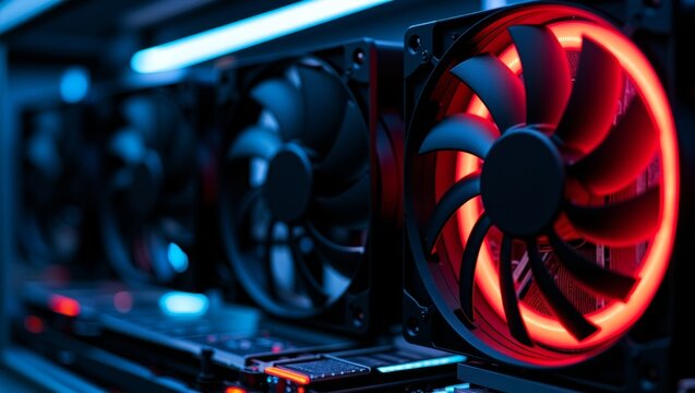 Gaming computer rig with illuminated cooling fans working inside, showcasing digital technology and powerful performance