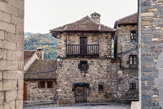 Old town of the beautiful village Anso, Pyrenees region, Huesca, Aragon, Spain.