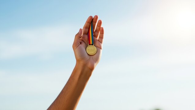 Hand raising gold medal with rainbow ribbon celebrating success, achievement, and diversity
