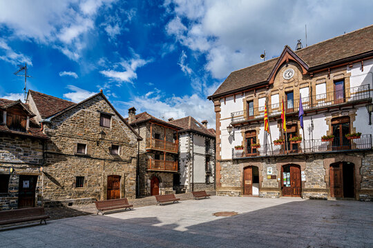 Saint Peter church in the beautiful village Anso, Pyrenees region, Huesca, Aragon, Spain.
