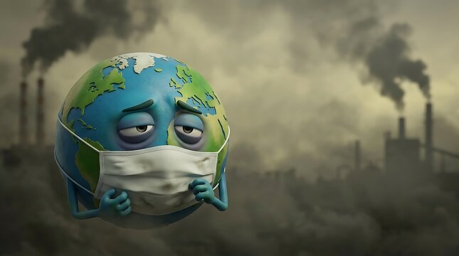 Exhausted earth character wearing white face mask against gray industrial smog and factory smoke representing air quality