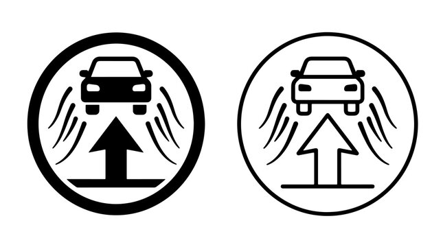 Minimalist car jumping vector icon with directional arrow and motion speed lines