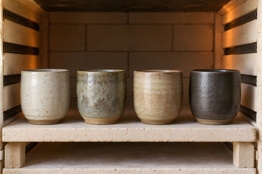 Finished stoneware cups cooling on a kiln shelf