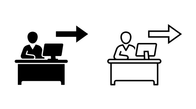 Minimalist black workstation icons showing progression with office worker and computer monitor