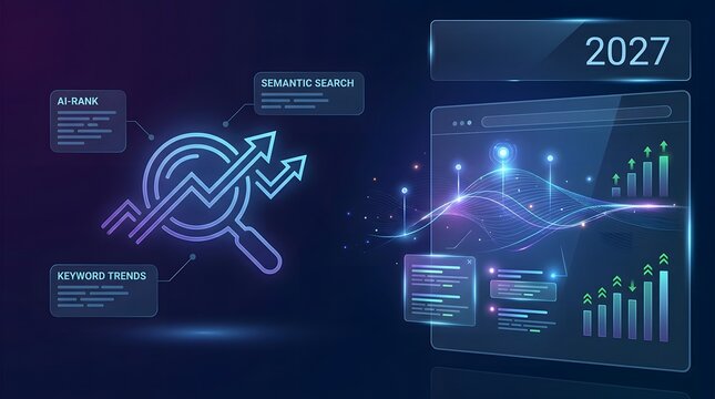 Futuristic data visualization with glowing lines and charts representing growth and technology, 2027