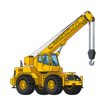 Yellow mobile construction crane isolated on white background