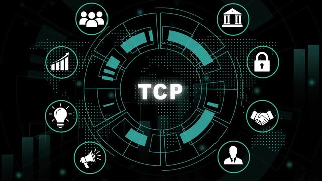 Advanced tcp network protocol concept with animated digital hud interface, global data connectivity, cybersecurity infrastructure, business and futuristic cyber communication technology background