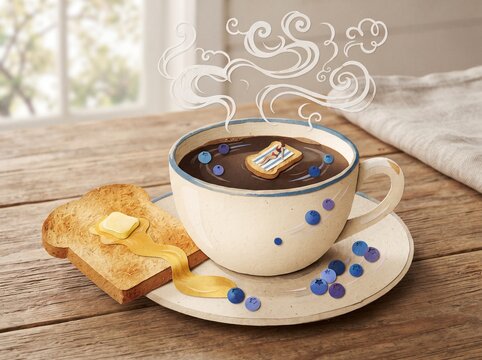 Papercraft illustration of a coffee cup with a tiny person relaxing on toast float
