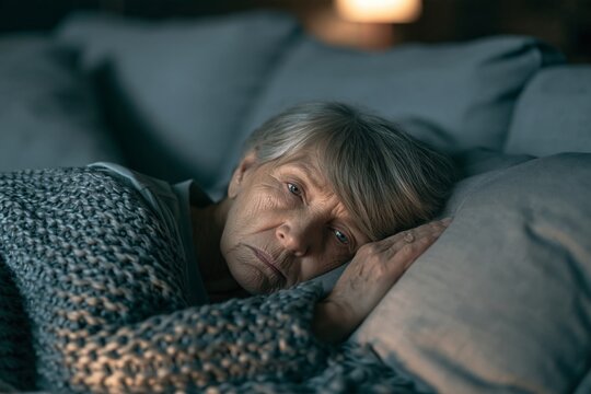 An elderly woman lying in bed under a heavy blanket looking distressed and sleepless at night