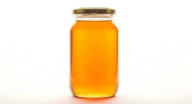 Golden Honey Jar Filled with Sweet Liquid on a Bright Background Highlighting Its Natural Richness and Organic Essence