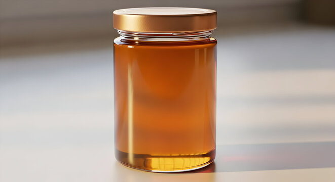 Glass Jar of Golden Honey with Natural Light Casting Shadows on a Bright Surface in a Minimalist Kitchen Setting