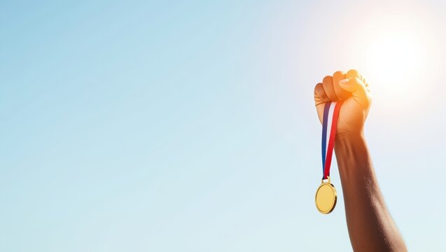 Hand with a gold medal and a red, white, and blue ribbon raised toward the sun, symbolizing triumph and success