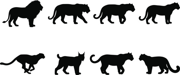 Obraz premium Collection of black solid wild big cat vector silhouettes featuring lion tiger cheetah and panther for graphic design