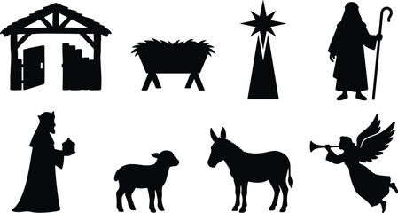 Fototapeta premium Collection of flat black nativity scene silhouette elements featuring stable angel animals and wiseman for commercial design