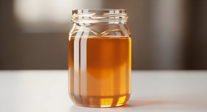 Glass Jar Filled With Golden Honey Sitting On A Table In A Warmly Lit Kitchen Environment