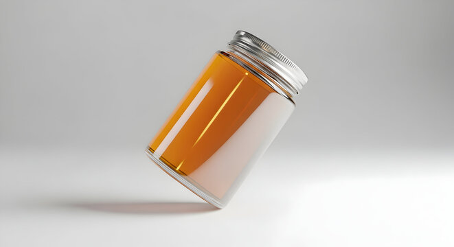 Floating Glass Jar of Golden Honey with Smooth Liquid Surface on Gray Background in Minimalist Design