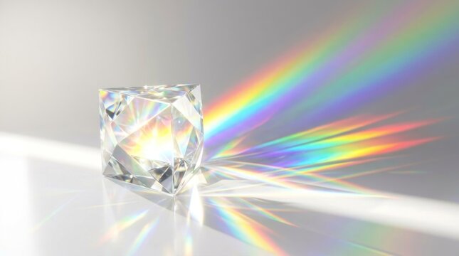 A transparent diamond cube with a rainbow spectrum of colors reflecting off its facets, placed on a reflective surface with a soft shadow cast on the ground.