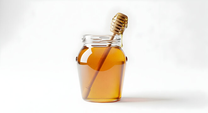Glass Jar of Golden Honey with Wooden Dipper Against White Background Conveying Sweetness and Natural Goodness