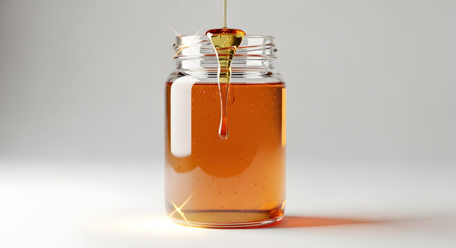 Golden Honey Dripping from a Spoon Into a Glass Jar Highlighting the Rich Texture and Natural Sweetness in a Clean and Bright Environment