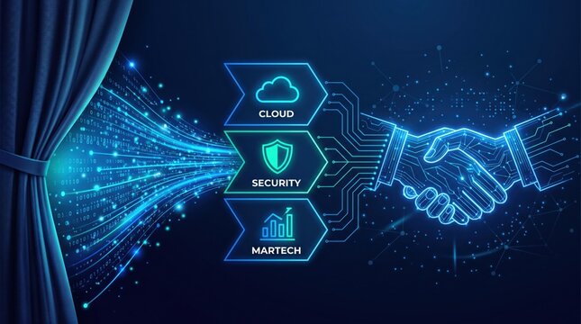 Digital handshake connecting cloud security and martech data streams against a dark technological background