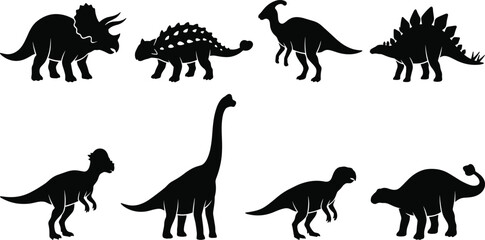 Set of black dinosaur silhouettes including triceratops and stegosaurus for prehistoric animal educational design concept on white background © GeetaRani