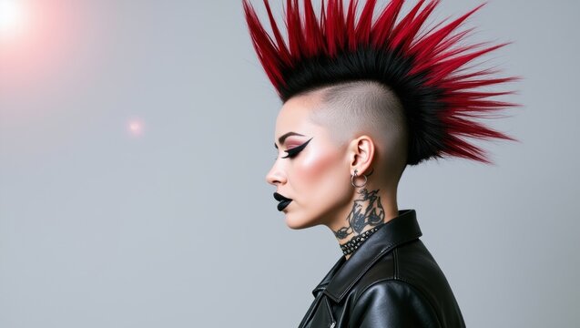 Punk woman presenting bold red mohawk, neck tattoo, and alternative fashion in a studio portrait