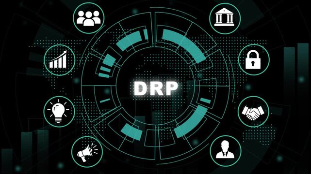 Dynamic drp disaster recovery plan concept with animated digital hud interface, global business network cybersecurity data protection strategy, corporate risk management and tech infrastructure