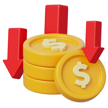 3d dollar coin pile with downward arrows for financial loss business decline investment management