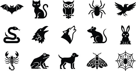Fototapeta premium Black and White Halloween Animal Icons Set Featuring Creatures and Symbols
