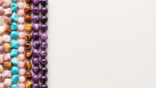 Natural gemstone beads, including amethyst, rose quartz, and tiger's eye, forming a vibrant border on a white textured surface