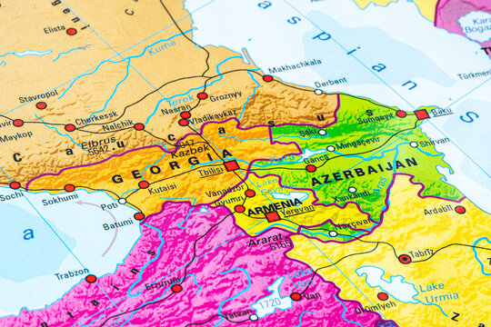 Political and geographical map of the South Caucasus region, with Georgia, Armenia and Azerbaijan
