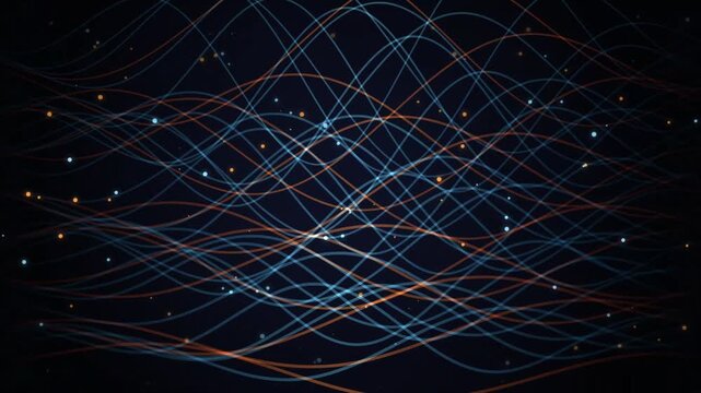 Glowing Neon Wave Lines Motion Background Featuring Flowing Blue and Orange Light Trails on Black