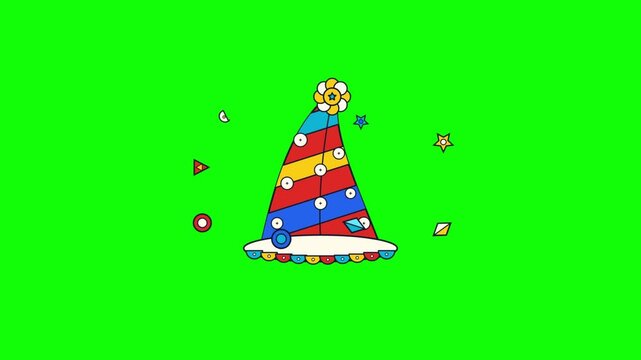 Animated Colorful Party Hat Floating on a Vibrant Green Screen