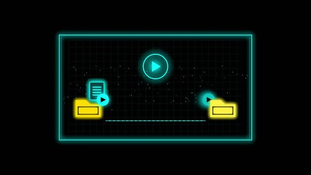 Digital user interface with file folders and play icons on grid background technology data