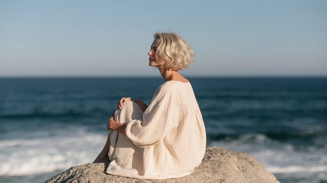 Mature woman sitting on a coastal rock by the ocean in a beige dress for serene background and wellness banner design