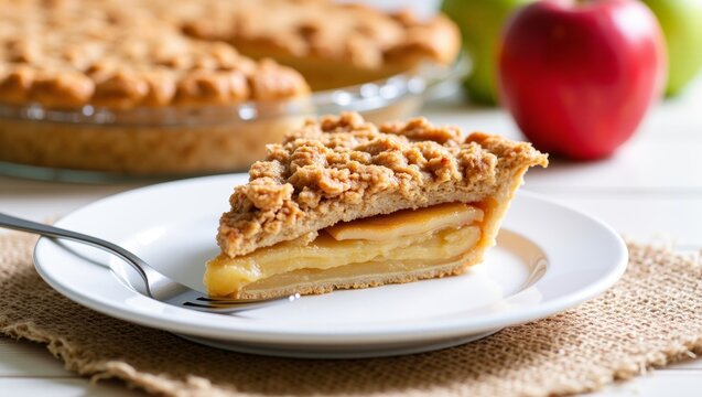 Apple crumble pie slice with warm filling and golden crust on a plate, fresh apples in background