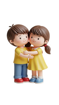 Adorable 3D cartoon children hugging, cute boy and girl figurines in yellow outfits, friendly childhood friendship characters on white background