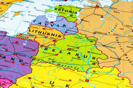 Political map of Belarus surrounded by the Baltic States, Poland, Ukraine and Russia