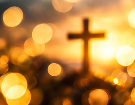 A softly focused cross surrounded by large golden circular bokeh highlight, elegant devotional-background appearance.