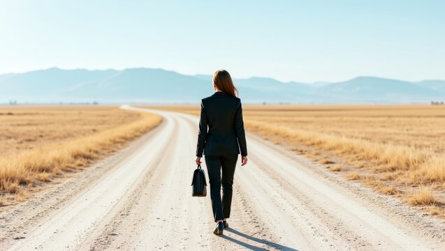 Woman walking on a dirt road, carrying a briefcase, symbolizing business journey and future success