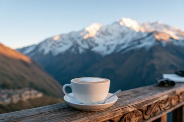 Obraz premium Simple white cup of coffee on a carved wooden balcony with snowy peaks in soft morning light for serene travel background and breakfast banner